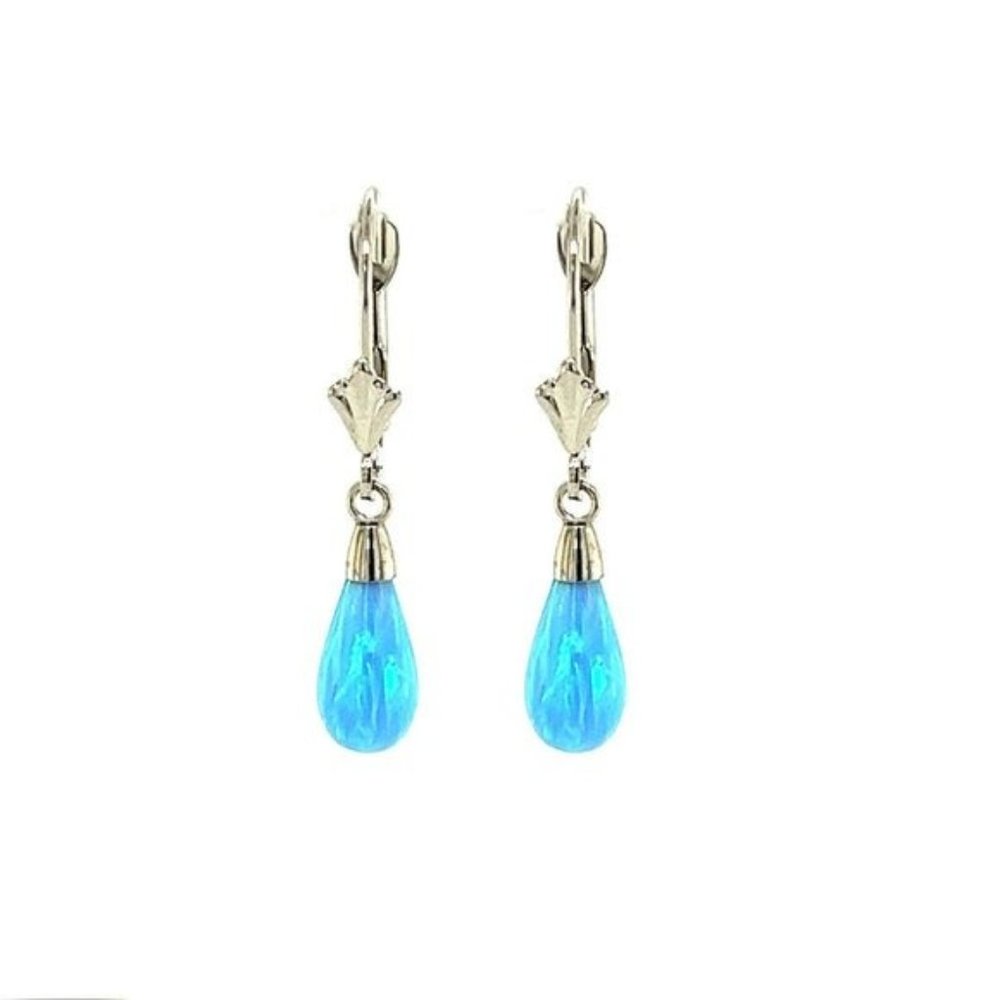 14k Solid Gold Teardrop Shape Dangle Opal Leverba… - image 4